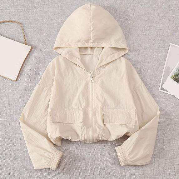 Eltusu Girls Sun Protection Jackets, Hooded Zip Up Lightweight Long Sleeve Rash Guard Outwear Beige Size 6-7 T