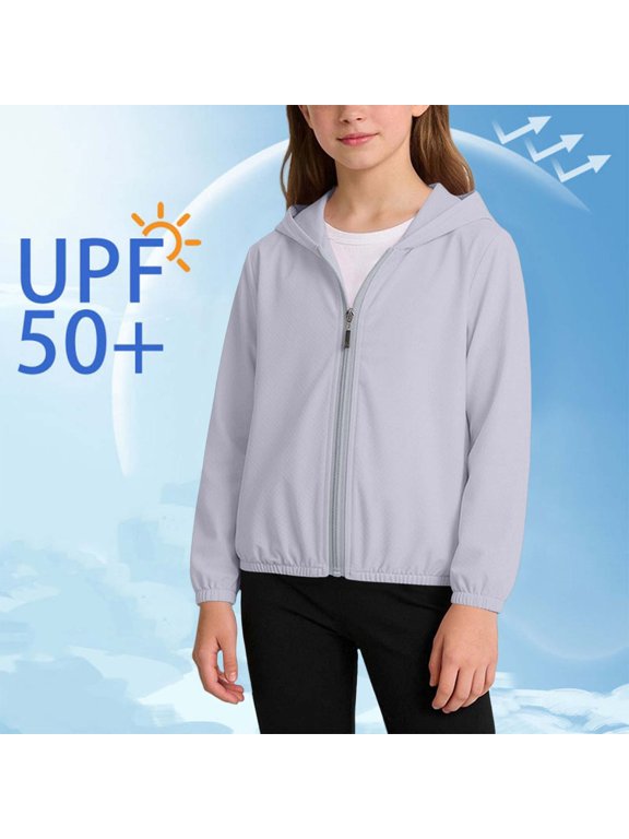 Girls Sun Protection Jackets, Long Sleeve Full Zip Hooded Solid Color Rash Guard Outwear Gray Size 11-12 T