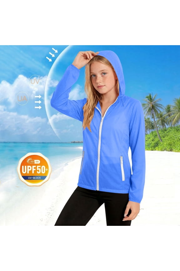Girls Sun Protection Jackets, Long Sleeve Hooded Full Zip Sports Rash Guard Blue Size 11-12T