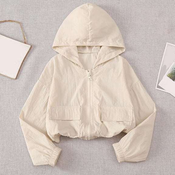 Eltusu Girls Sun Protection Jackets, Long Sleeve Hooded Lightweight Zip Up Rash Guard Outwear Beige Size 8-9 T