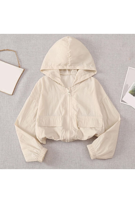 Girls Sun Protection Jackets, Long Sleeve Hooded Lightweight Zip Up Rash Guard Outwear Beige Size 8-9 T