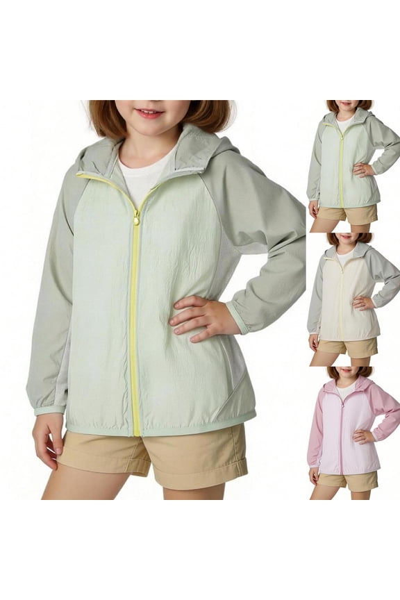 Girls Sun Protection Jackets, Long Sleeve Zipper Hooded Athletic Rash Guard Green Size 14-16 T