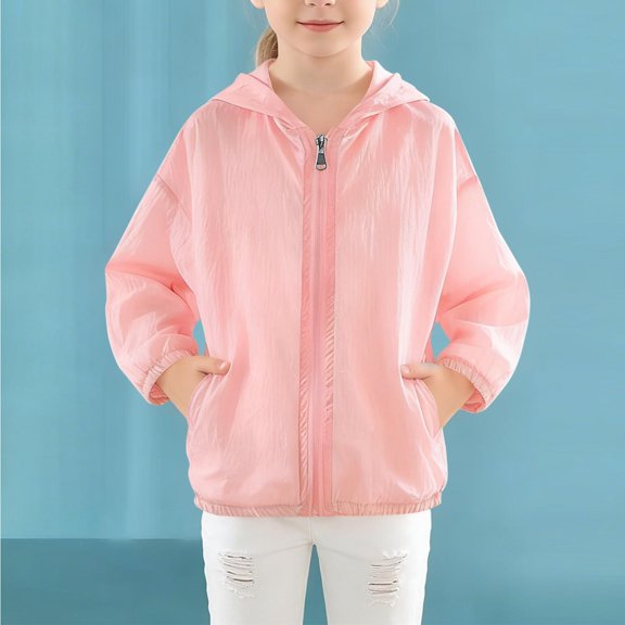 Eltusu Girls Sun Protection Jackets, Long Sleeve Zipper Lightweight Hooded Rash Guard Pink Size 2-3 T