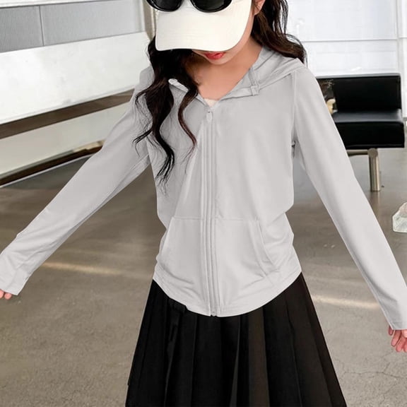 Eltusu Girls Sun Protection Jackets, Solid Color Hooded Long Sleeve Zipper Rash Guard Gray Size 11-12 T