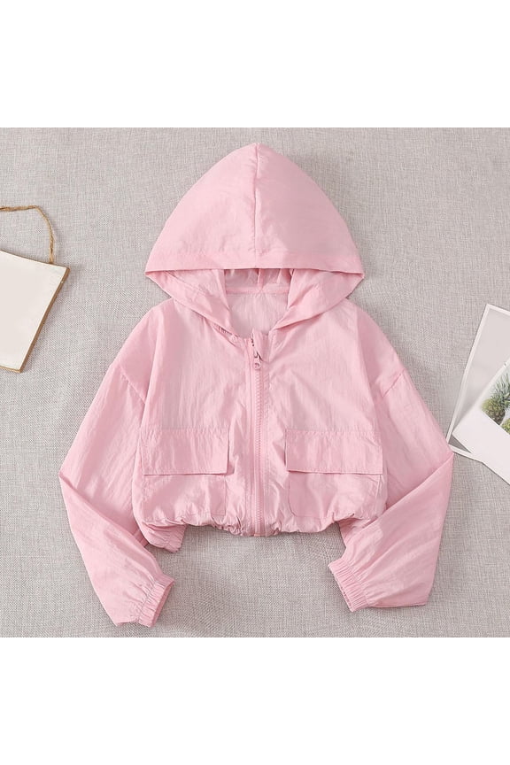 Girls Sun Protection Jackets, Zip Up Hooded Long Sleeve Lightweight Rash Guard Outwear Pink Size 8-9 T