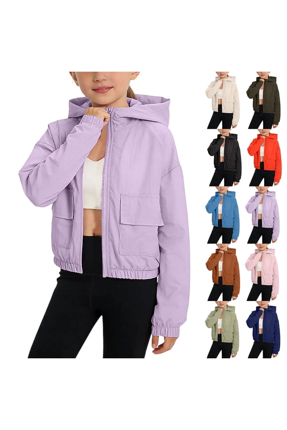 Girls Sun Protection Jackets, Zip Up Lightweight Long Sleeve Hooded Rash Guard Outwear Purple Size 8 T
