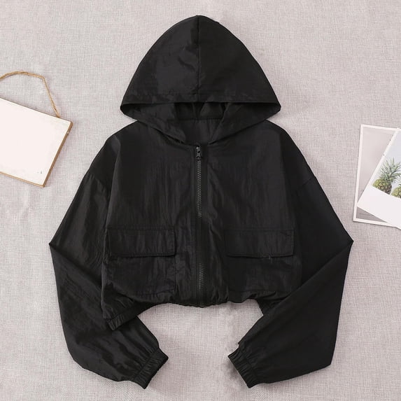 Eltusu Girls Sun Protection Jackets, Zip Up Long Sleeve Lightweight Hooded Rash Guard Outwear Black Size 5-6 T