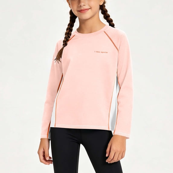 Eltusu Girls Sun Protection Tops, Casual Crew Neck Quick Dry UPF50+ Long Sleeve Rash Guard Pink Size 11-12 T