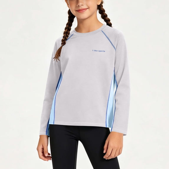 Eltusu Girls Sun Protection Tops, Crew Neck UPF50+ Casual Quick Dry Long Sleeve Rash Guard Gray Size 13-14 T