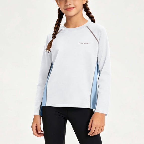Eltusu Girls Sun Protection Tops, Quick Dry Crew Neck UPF50+ Casual Long Sleeve Rash Guard White Size 4-5 T