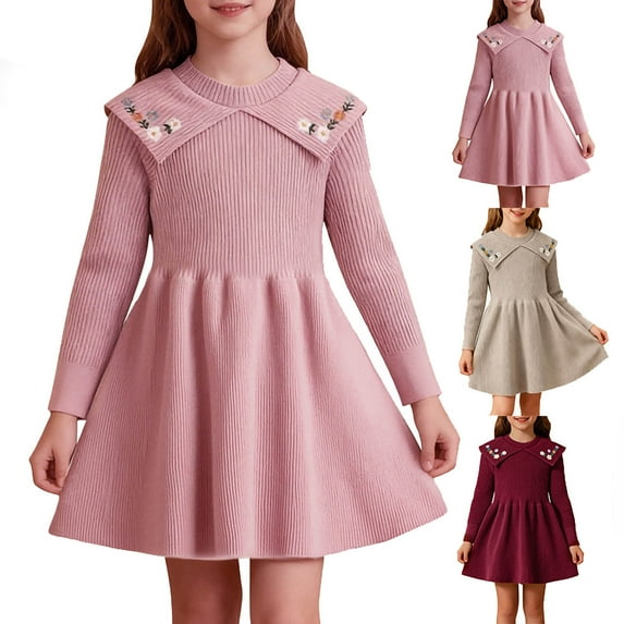 Eltusu Girls Sweater Dress, Knitting Cotton Crew Neck Long Sleeve Warm Winter Clothes Pink Size 4-7 T