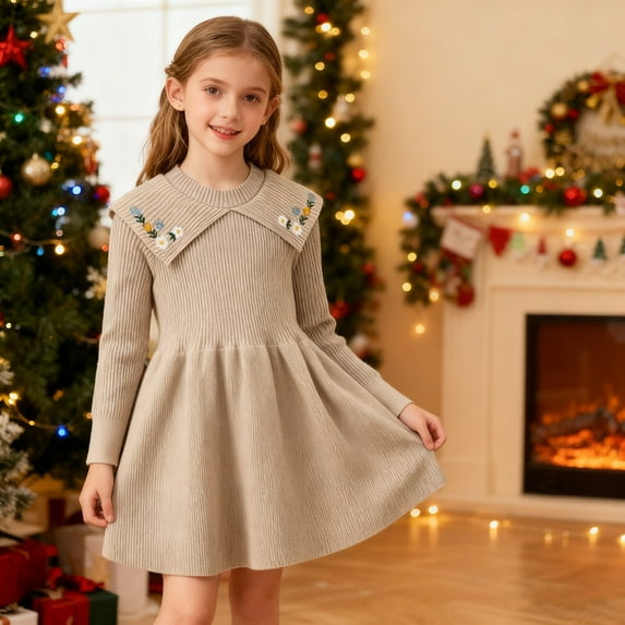 Eltusu Girls Sweater Dress, Warm Knitting Cotton Crew Neck Long Sleeve Winter Clothes Khaki Size 6 T