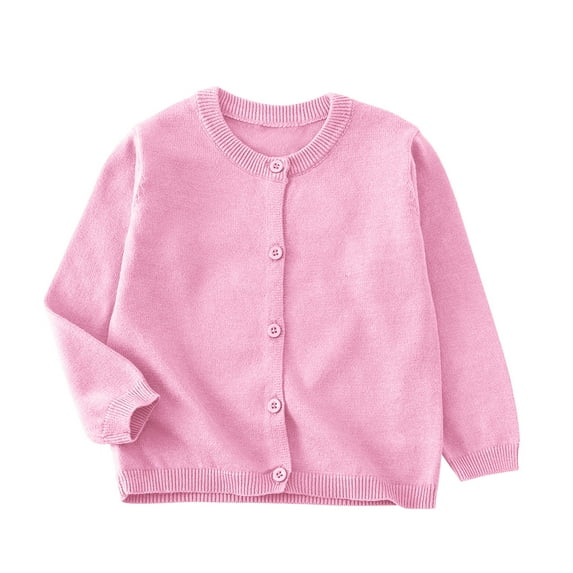 Eltusu Girls Sweaters Cardigans, Crew Neck Long Sleeve Knitting Cotton Button Fall Cardigans Pink Size 7-8 T