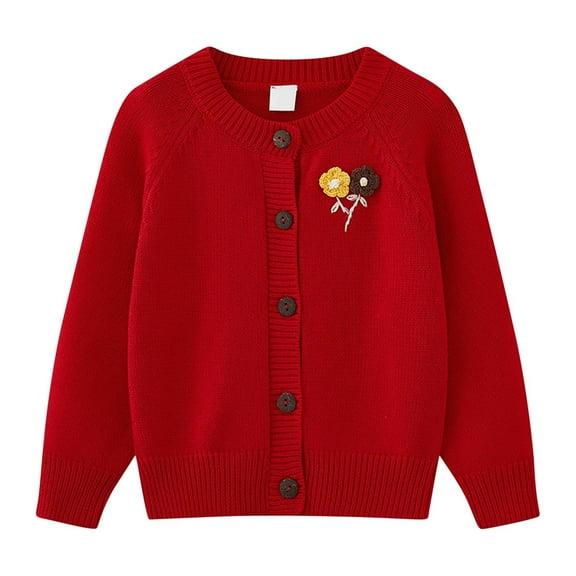 Eltusu Girls Sweaters Cardigans, Long Sleeve Crew Neck Button Warm Knit Cardigans Red Size 10-12 T