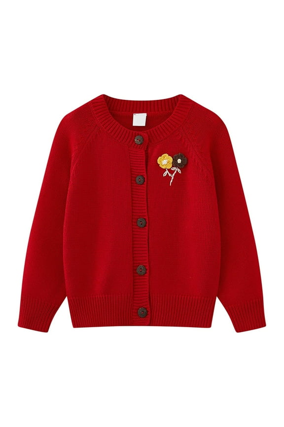 Girls Sweaters Cardigans, Long Sleeve Crew Neck Button Warm Knit Cardigans Red Size 10-12 T