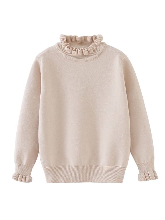 Girls Sweaters, Solid Color Knitting Cotton Long Sleeve Warm Winter Tops Khaki Size 13-14T