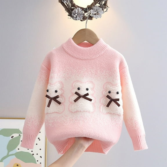 Eltusu Girls Sweaters, Thermal Knitting Cotton Long Sleeve Soft Winter Tops Pink Size 6-7 T