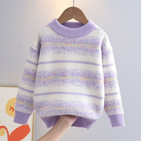 Eltusu Girls Sweaters, Thermal Striped Long Sleeve Knitting Cotton Winter Tops Purple Size 11-12 T