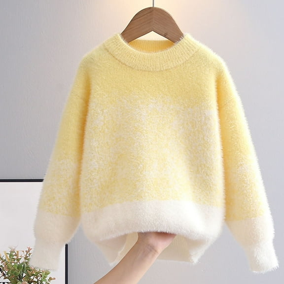 Eltusu Girls Sweaters, Warm Long Sleeve Soft Knitting Cotton Winter Tops Yellow Size 11-12 T