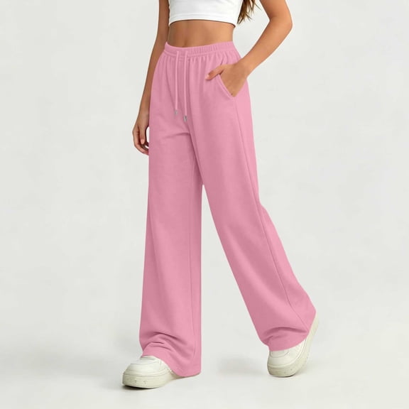 Eltusu Girls Sweatpants, Sports Drawstring Solid Color Straight Legs Pants with Pockets Pink Size 10-12 T
