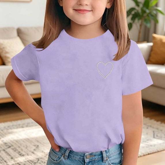 Eltusu Girls T-Shirts Short Sleeve , Casual Heart Crewneck Pullover Summer Tops Purple Size 5-6 T