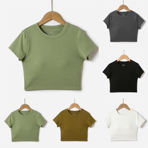 Eltusu Girls T-shirts, Crewneck Casual Pullover Solid Color Short Sleeve Tops Green Size 14-20T