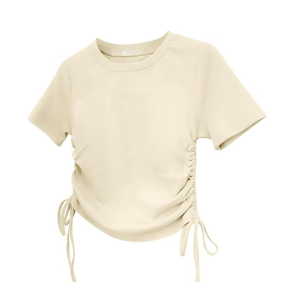 Eltusu Girls T-shirts, Fashion Crewneck Drawstring Pullover Short Sleeve Tops Beige Size 13-14 T