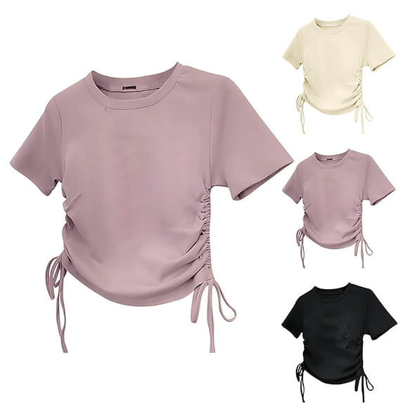 Eltusu Girls T-shirts, Fashion Pullover Crewneck Drawstring Short Sleeve Tops Black Size 10-12 T