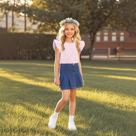 Eltusu Girls T-shirts, Ruffle sleeve Crew Neck Fashion Pullover Short Sleeve Tops Pink Size 3-15 T