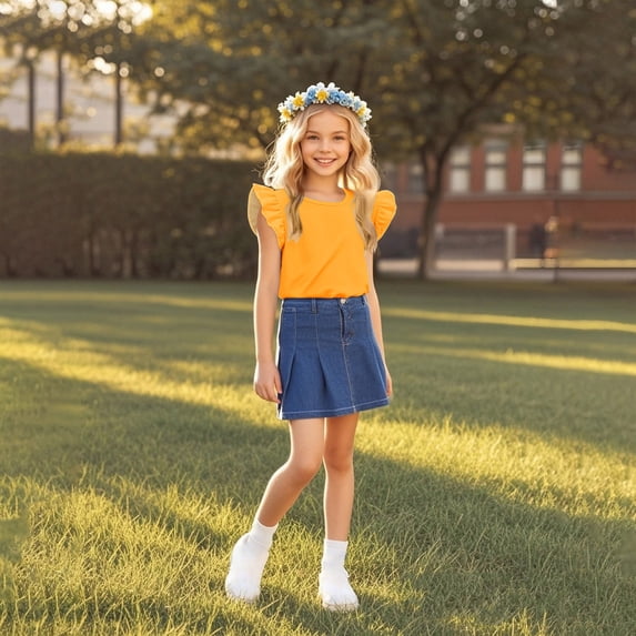 Eltusu Girls T-shirts, Solid Color Crew Neck Pullover Ruffle sleeve Short Sleeve Tops Orange Size 10-11 T