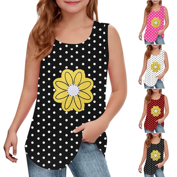 Eltusu Girls Tank Tops, Casual Crew Neck Summer Graphic Sleeveless Shirts Black Size 7-8 T