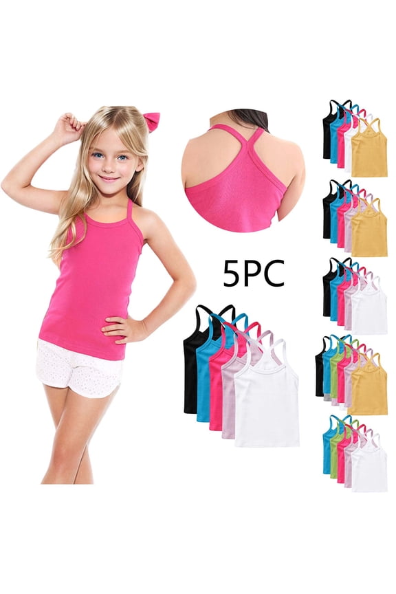 Girls Tank Tops, Cotton 5 Pieces Y-Back Fashion Sleeveless Shirts White Size 6 T