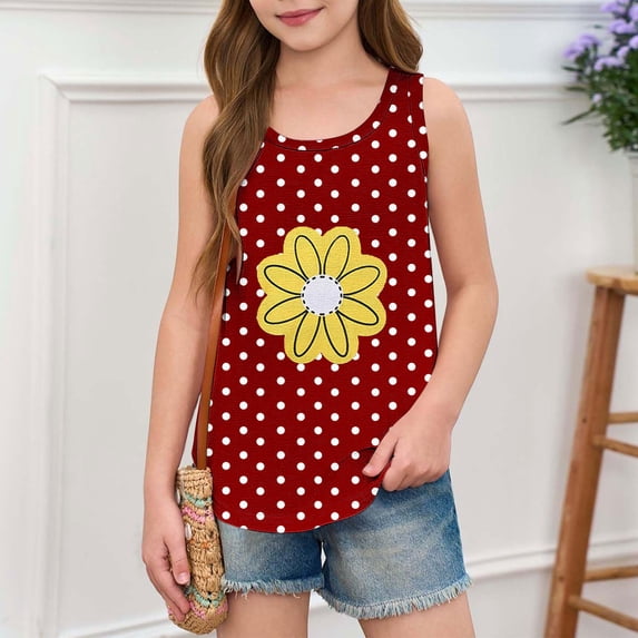 Eltusu Girls Tank Tops, Crew Neck Graphic Casual Summer Sleeveless Shirts Red Size 5-6 T