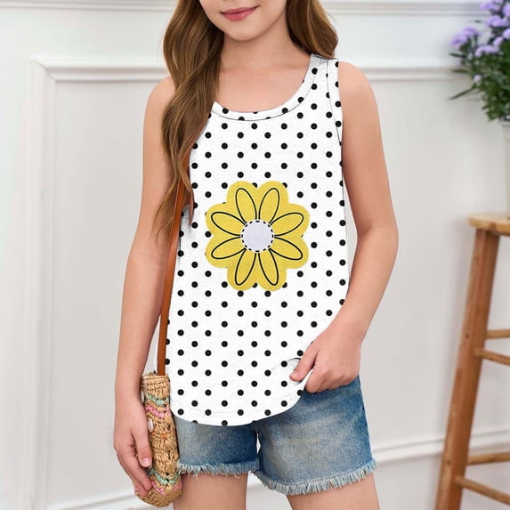 Eltusu Girls Tank Tops, Crew Neck Summer Graphic Casual Sleeveless Shirts White Size 5-6 T