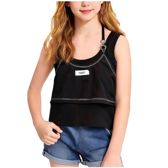 Eltusu Girls Tank Tops, Fashion Holiday Crewneck Summer Sleeveless Shirts Black Size 9-10 T