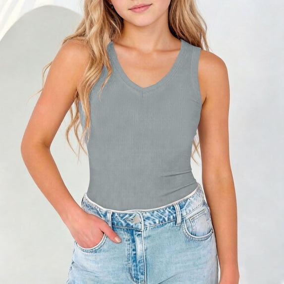 Eltusu Girls Tank Tops, Loose Fit Athletic Summer Crew Neck Sleeveless T-Shirts Gray Size 7-8T