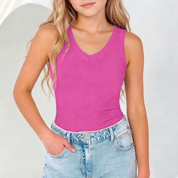 Eltusu Girls Tank Tops, Loose Fit Crew Neck Summer Athletic Sleeveless T-Shirts Hot Pink Size 9-10T
