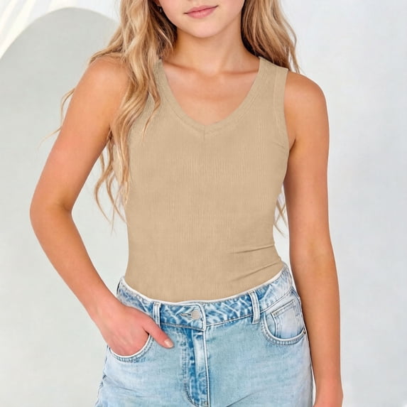 Eltusu Girls Tank Tops, Loose Fit Crew Neck Summer Athletic Sleeveless T-Shirts Khaki Size 14-15T