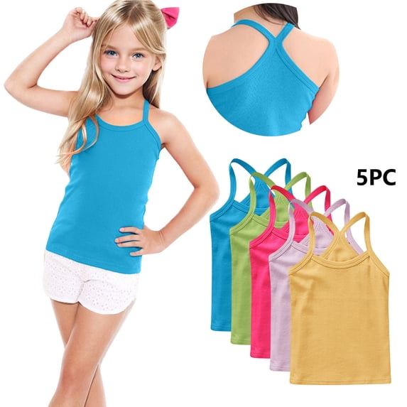 Eltusu Girls Tank Tops, Y-Back 5 Pieces Cotton Fashion Sleeveless Shirts Blue Size 12-24 Months