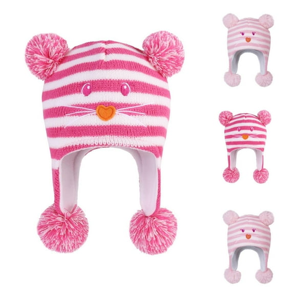 Eltusu Girls Thermal Beanies, Pompom Ear Flaps Soft Thermal Winter Hats Hot Pink Size 0-3 T