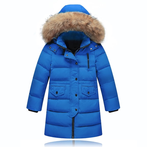 Eltusu Girls Thermal Puffer Jackets , Windproof Mid-Length Long Sleeve Hoodie Winter Coats with Pockets Blue Size 6-7T