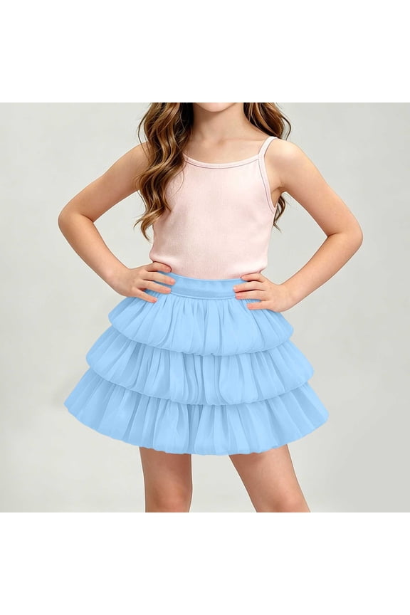 Girls Tiered Skirts, Summer Casual Elastic Waist Princess Tutu Skirts Blue Size 7-8 T