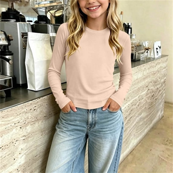 Eltusu Girls Tops, Crew Neck Long Sleeve Basic Solid Color Base Layer Shirts Beige Size 3-4 T