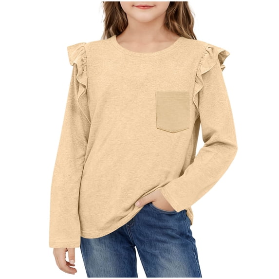 Eltusu Girls Tops, Ruffle sleeve Pullover Solid Color Crew Neck Tee with Long Sleeve Beige Size 12-13 T