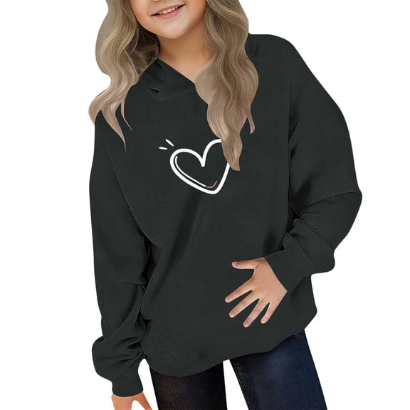 Eltusu Girls Valentine's Day Hoodies, Comfy Pullover Loose Fit Heart Graphic Long Sleeve Sweatshirts Black Size 9-10 T
