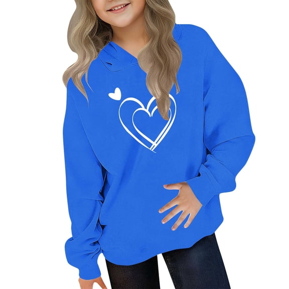 Eltusu Girls Valentine's Day Hoodies, Loose Fit Heart Graphic Pullover Spring Fall Long Sleeve Sweatshirts Blue Size 9-10 T