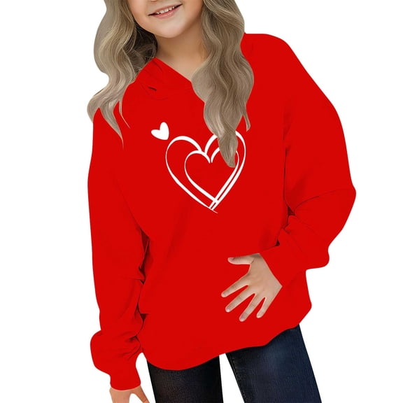 Eltusu Girls Valentine's Day Hoodies, Spring Fall Pullover Loose Fit Heart Graphic Long Sleeve Sweatshirts Red Size 5-6 T