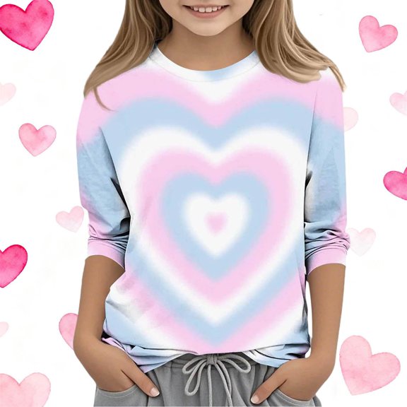 Eltusu Girls Valentines Base Layer Shirts, Crew Neck Pullover Comfort Heart Graphic 3/4 Long Sleeve Tops Light Blue Size 4-5 T