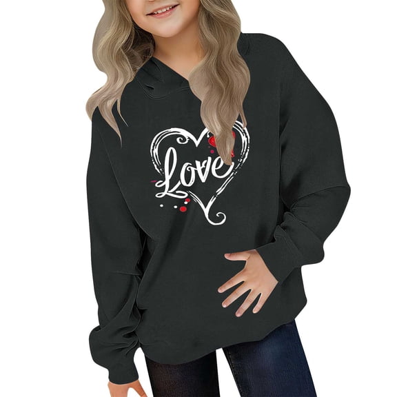 Eltusu Girls Valentines Hoodies, Casual Heart Graphic Long Sleeve Loose Fit Pullover Sweatshirts Black Size 3-4 T