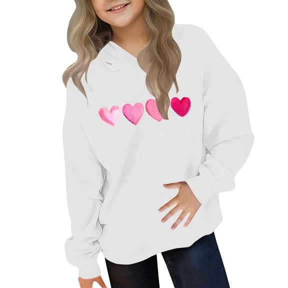Eltusu Girls Valentines Hoodies, Comfort Loose Fit Heart Graphic Long Sleeve Pullover Sweatshirts White Size 11-12 T